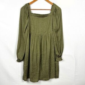 Loft Women Olive Green Long Puff Sleeve Smocked Midi Milkmaid Dress Sz XS‎ Y2K
